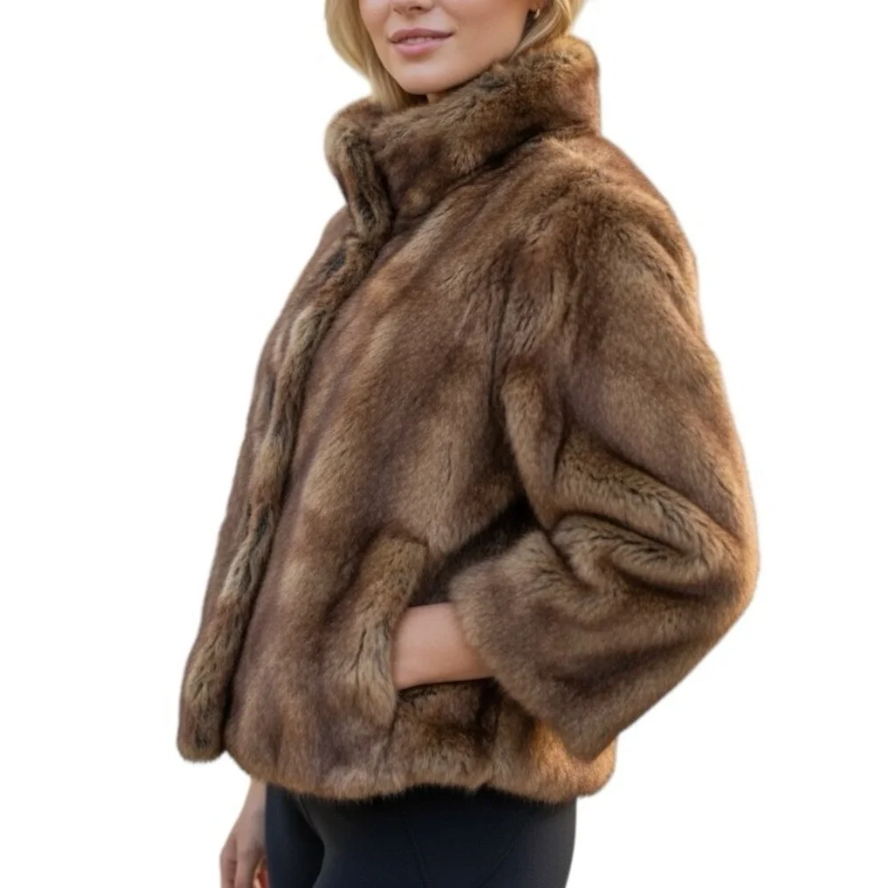 Abbie Mags Vintage Brown Faux Fur Cropped Jacket Size Large Old Money - Picture 14 of 14